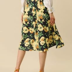 Allegra K Women's Summer Elastic High Waist Pleated A-Line Midi Floral Skirt