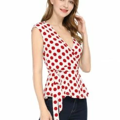 Allegra K V Neck Sleeveless Self Tie Wrap Front Dotted Top