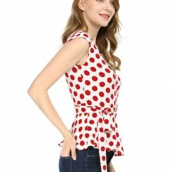 Allegra K V Neck Sleeveless Self Tie Wrap Front Dotted Top