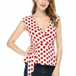 Allegra K V Neck Sleeveless Self Tie Wrap Front Dotted Top