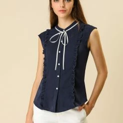 Allegra K Tie Neck Sleeveless Ruffle Button Down Chiffon Shirt Clothing 78 Allegra K Tie Neck Sleeveless Ruffle Button Down Chiffon Shirt Clothing
