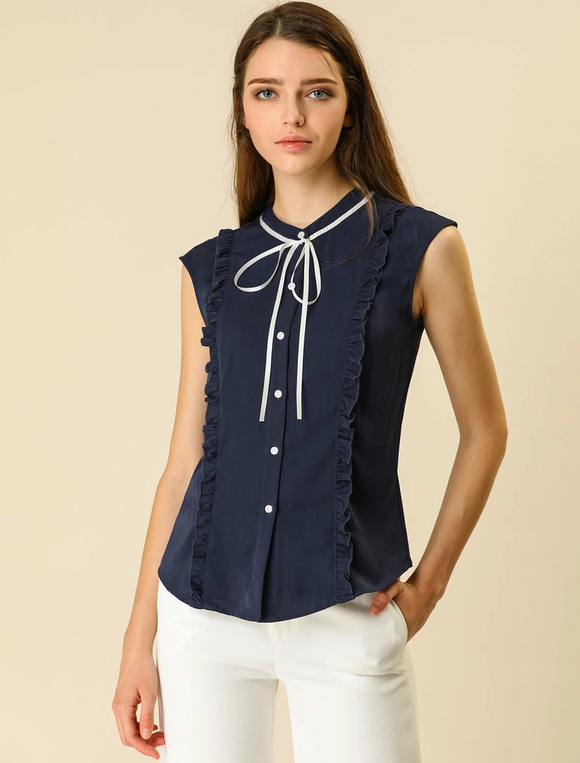 Allegra K Tie Neck Sleeveless Ruffle Button Down Chiffon Shirt Clothing 36 Allegra K Tie Neck Sleeveless Ruffle Button Down Chiffon Shirt Clothing