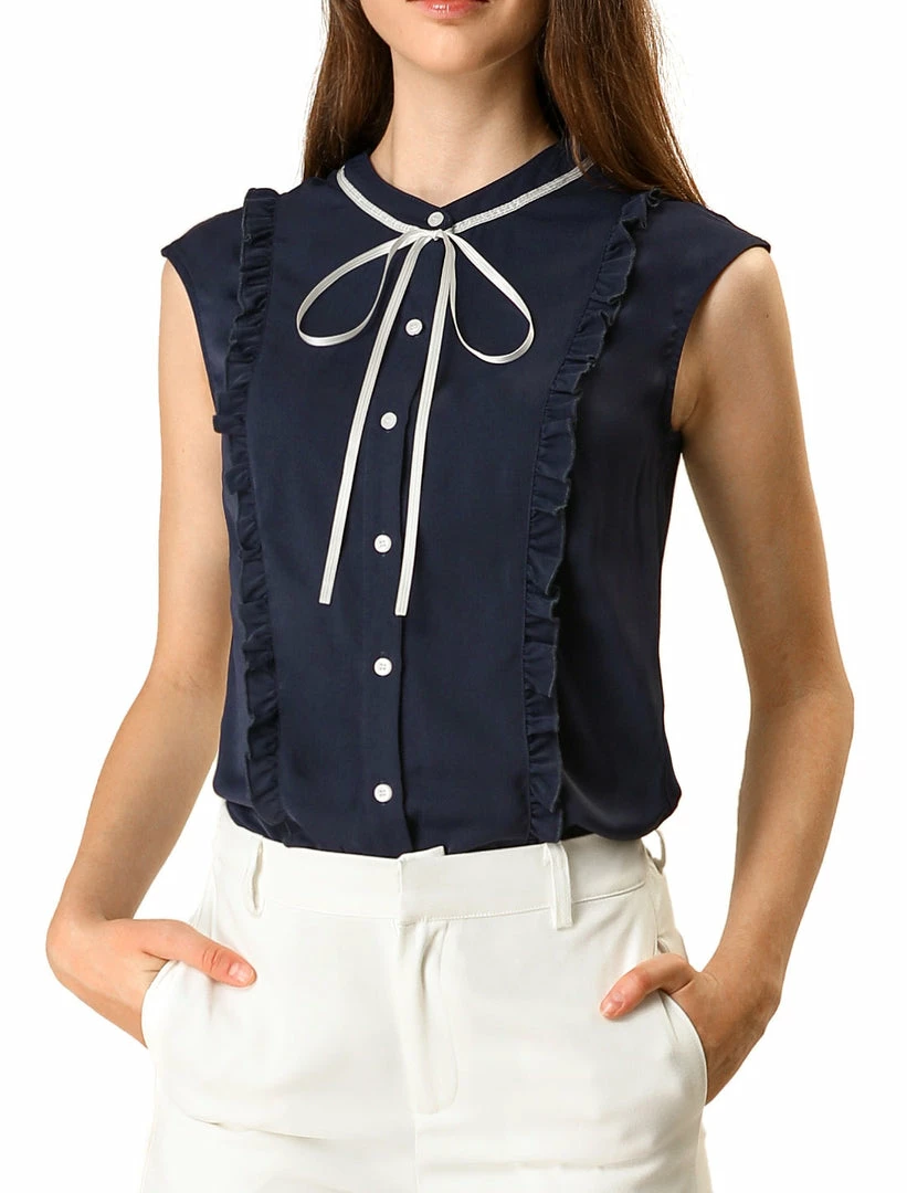 Allegra K Tie Neck Sleeveless Ruffle Button Down Chiffon Shirt Clothing 34 Allegra K Tie Neck Sleeveless Ruffle Button Down Chiffon Shirt Clothing