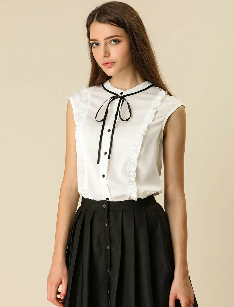 Allegra K Tie Neck Sleeveless Ruffle Button Down Chiffon Shirt Clothing 29 Allegra K Tie Neck Sleeveless Ruffle Button Down Chiffon Shirt Clothing