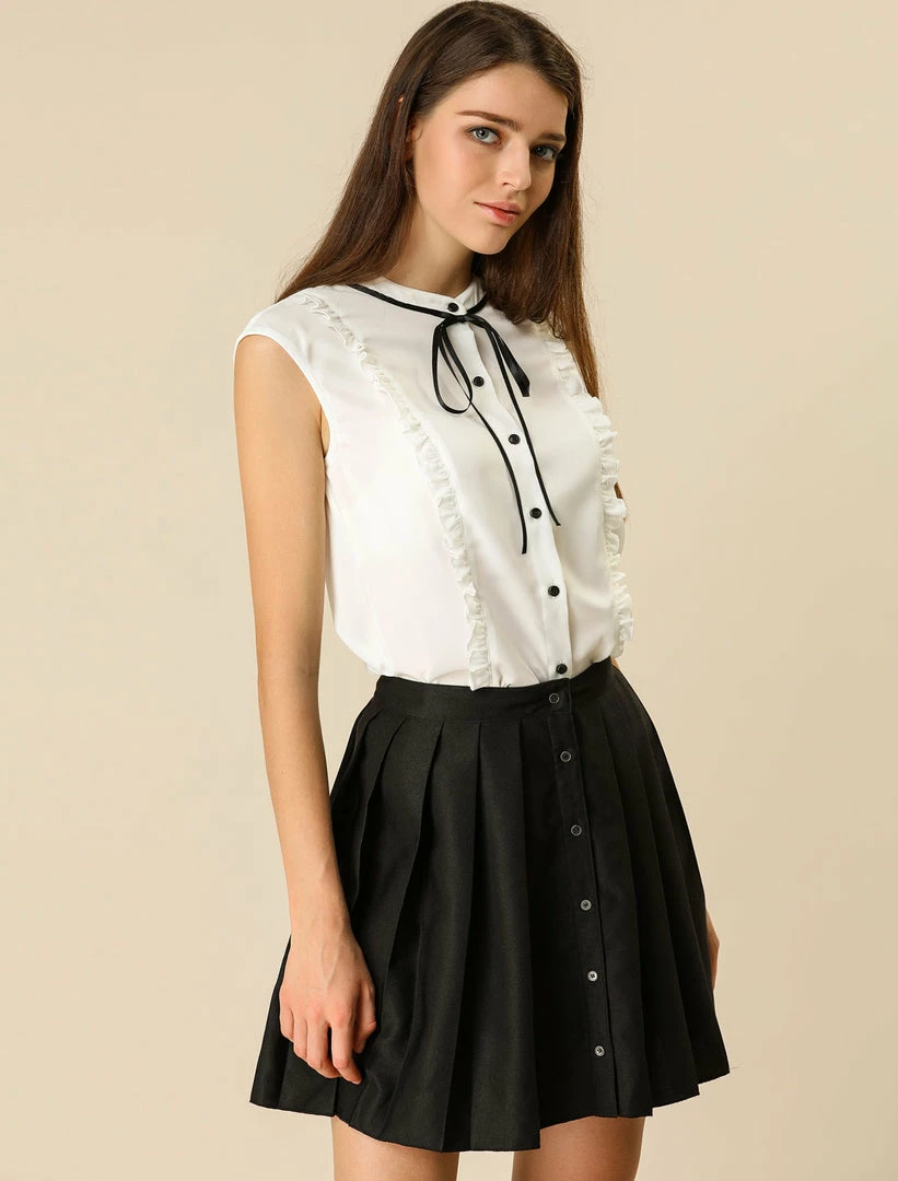 Allegra K Tie Neck Sleeveless Ruffle Button Down Chiffon Shirt Clothing 30 Allegra K Tie Neck Sleeveless Ruffle Button Down Chiffon Shirt Clothing