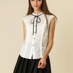 Allegra K Tie Neck Sleeveless Ruffle Button Down Chiffon Shirt Clothing 73 Allegra K Tie Neck Sleeveless Ruffle Button Down Chiffon Shirt Clothing