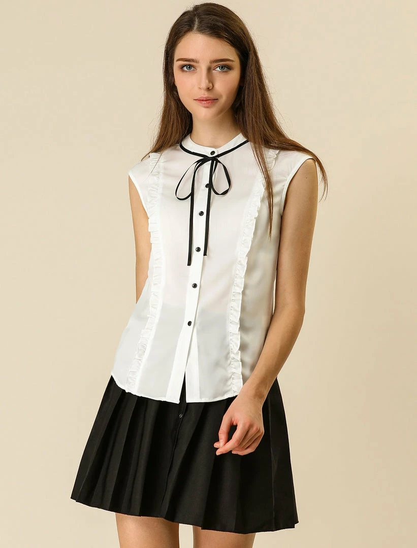 Allegra K Tie Neck Sleeveless Ruffle Button Down Chiffon Shirt Clothing 31 Allegra K Tie Neck Sleeveless Ruffle Button Down Chiffon Shirt Clothing