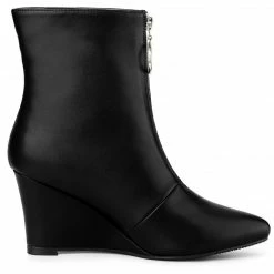 Allegra K Women's Front Zip Pointed Toe Mid Calf Wedge Boots Shoes