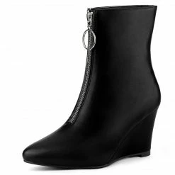 Allegra K Women's Front Zip Pointed Toe Mid Calf Wedge Boots Shoes