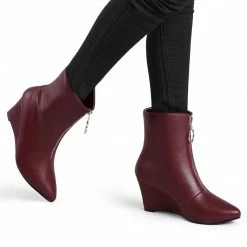Allegra K Women's Front Zip Pointed Toe Mid Calf Wedge Boots Shoes