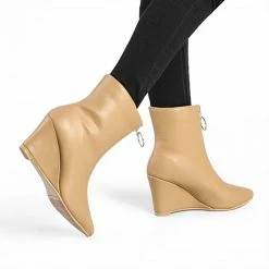 Allegra K Women's Front Zip Pointed Toe Mid Calf Wedge Boots Shoes