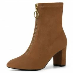 Allegra K Women's Front Zipper Chunky High Heel Ankle Boots Shoes