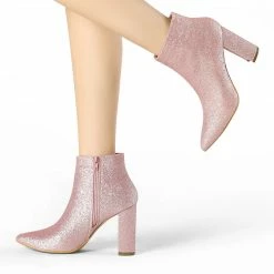 Allegra K Shoes Women's Glitter Pointed Toe Chunky Heel Ankle Boots 54 Allegra K Shoes Women's Glitter Pointed Toe Chunky Heel Ankle Boots