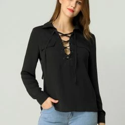 Allegra K Casual Long Sleeve V Neck Lace Up Chiffon Blouse Women