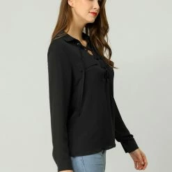 Allegra K Casual Long Sleeve V Neck Lace Up Chiffon Blouse Women