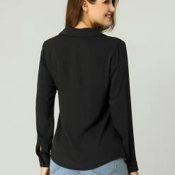 Allegra K Casual Long Sleeve V Neck Lace Up Chiffon Blouse Women