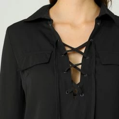 Allegra K Casual Long Sleeve V Neck Lace Up Chiffon Blouse Women