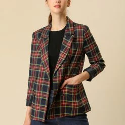 Allegra K Women's Notched Lapel Double Breasted Plaid Suit Blazer