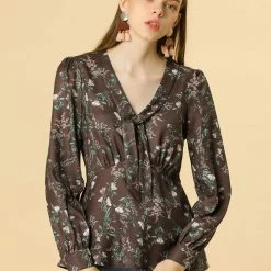 Allegra K Women's Deep V Neck Long Sleeves Tie Front Floral Peplum Top