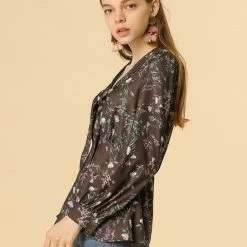 Allegra K Women's Deep V Neck Long Sleeves Tie Front Floral Peplum Top