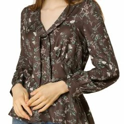 Allegra K Women's Deep V Neck Long Sleeves Tie Front Floral Peplum Top