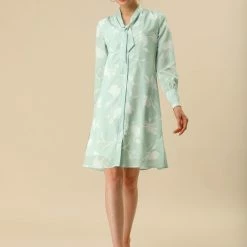 Women Allegra K Tie V Neck Long Sleeves Floral Shirt Dress With Belt