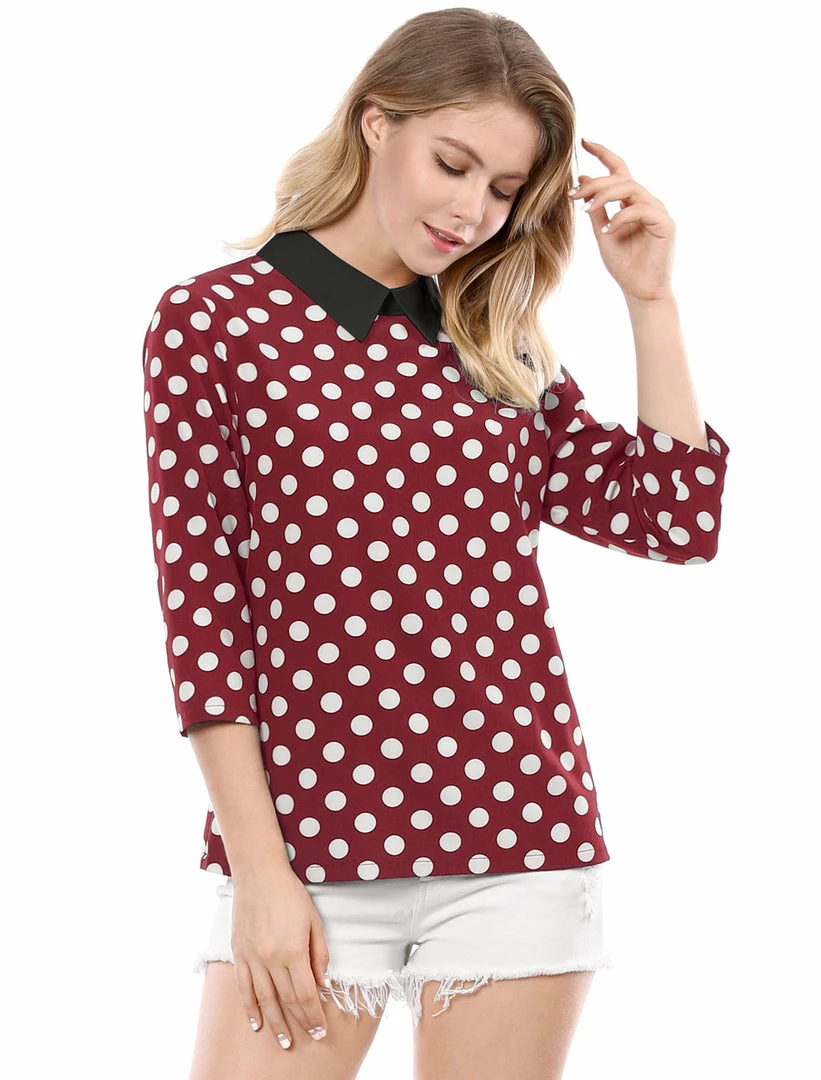 Allegra K Women 3/4 Sleeves Contrast Collar Polka Dots Blouse Tops 34 Allegra K Women 3/4 Sleeves Contrast Collar Polka Dots Blouse Tops