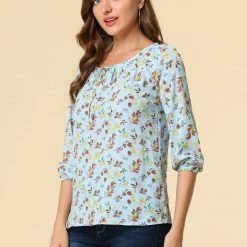 Women Allegra K Floral Print 3/4 Raglan Sleeve Drawstring Round Neck Blouse