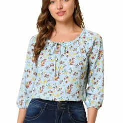 Women Allegra K Floral Print 3/4 Raglan Sleeve Drawstring Round Neck Blouse