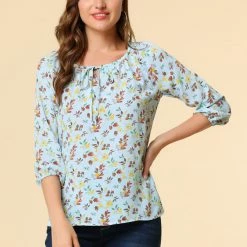Women Allegra K Floral Print 3/4 Raglan Sleeve Drawstring Round Neck Blouse