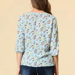 Women Allegra K Floral Print 3/4 Raglan Sleeve Drawstring Round Neck Blouse