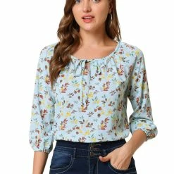 Women Allegra K Floral Print 3/4 Raglan Sleeve Drawstring Round Neck Blouse