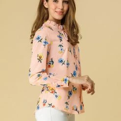 Allegra K Women's Tie Ruffled Neckline Polka Dots Long Sleeves Floral Blouse Tops