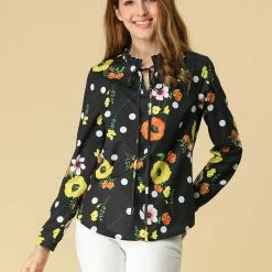 Allegra K Women's Tie Ruffled Neckline Polka Dots Long Sleeves Floral Blouse Tops