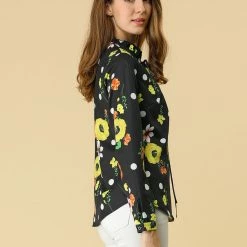 Allegra K Women's Tie Ruffled Neckline Polka Dots Long Sleeves Floral Blouse Tops