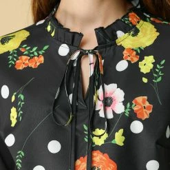 Allegra K Women's Tie Ruffled Neckline Polka Dots Long Sleeves Floral Blouse Tops