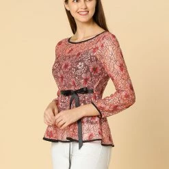 Allegra K Self-Tie Waist Bi-Color Contrast Lace Peplum Top 113 Allegra K Self-Tie Waist Bi-Color Contrast Lace Peplum Top