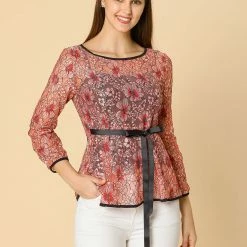 Allegra K Self-Tie Waist Bi-Color Contrast Lace Peplum Top 114 Allegra K Self-Tie Waist Bi-Color Contrast Lace Peplum Top