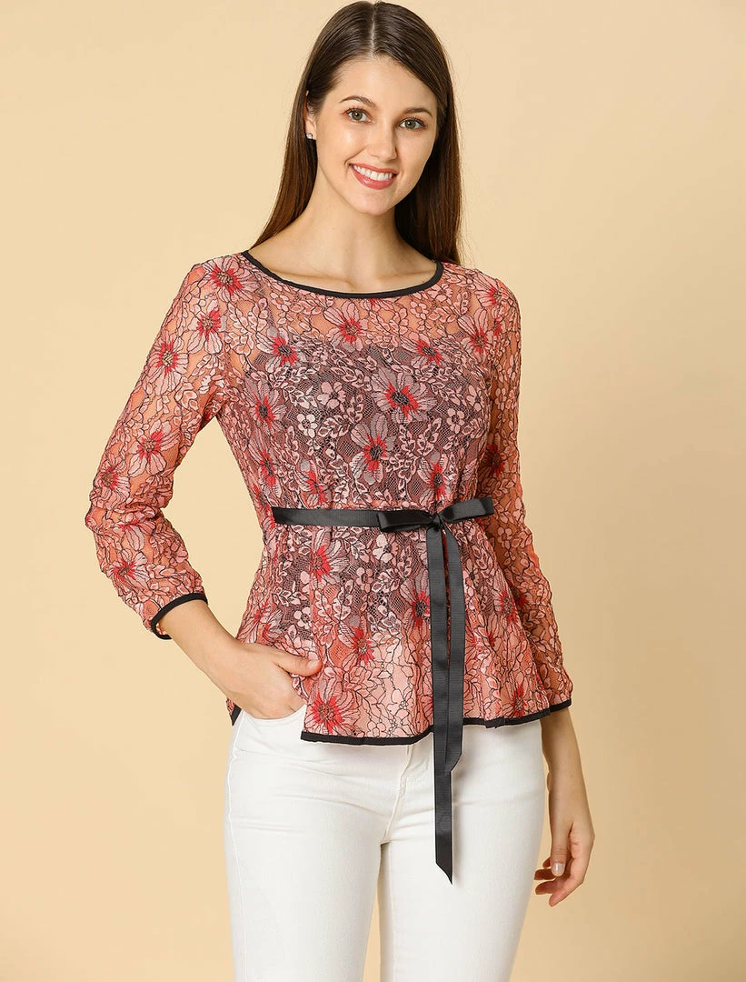 Allegra K Self-Tie Waist Bi-Color Contrast Lace Peplum Top 42 Allegra K Self-Tie Waist Bi-Color Contrast Lace Peplum Top