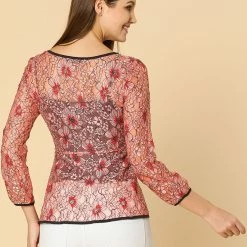 Allegra K Self-Tie Waist Bi-Color Contrast Lace Peplum Top 115 Allegra K Self-Tie Waist Bi-Color Contrast Lace Peplum Top