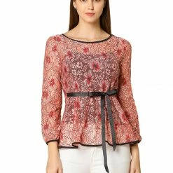 Allegra K Self-Tie Waist Bi-Color Contrast Lace Peplum Top 111 Allegra K Self-Tie Waist Bi-Color Contrast Lace Peplum Top