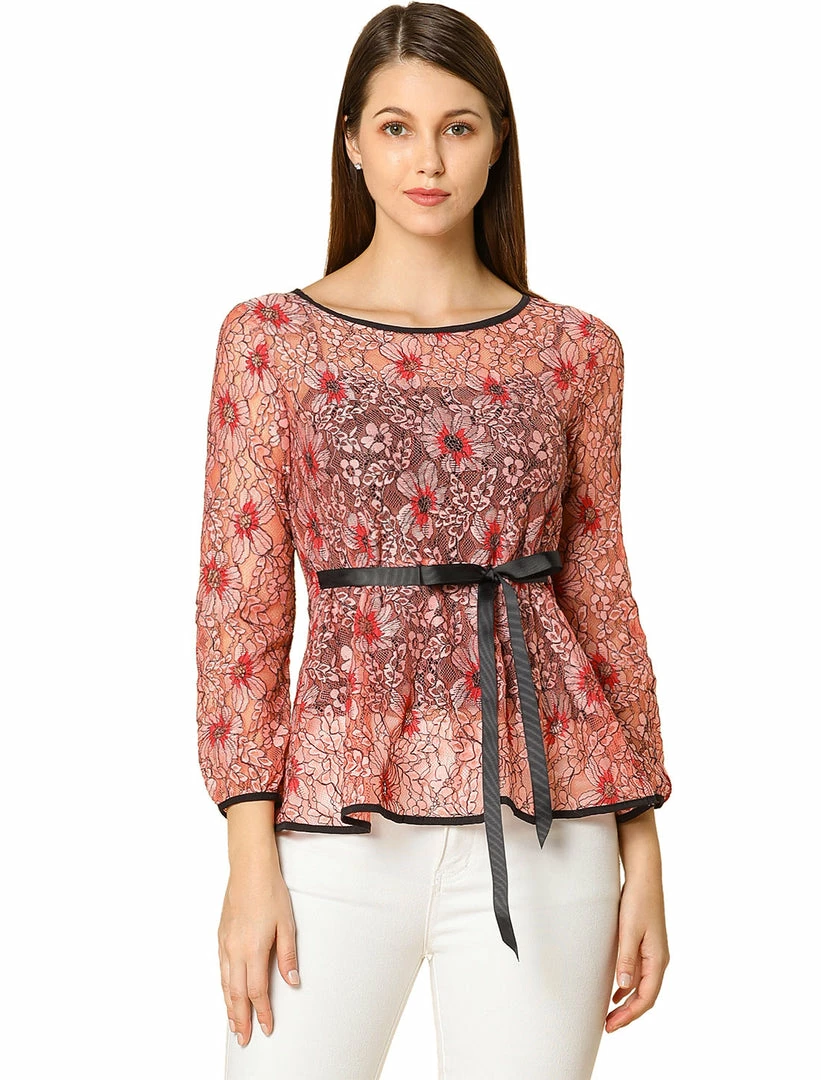Allegra K Self-Tie Waist Bi-Color Contrast Lace Peplum Top 39 Allegra K Self-Tie Waist Bi-Color Contrast Lace Peplum Top