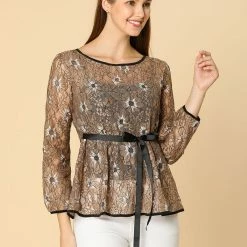 Allegra K Self-Tie Waist Bi-Color Contrast Lace Peplum Top 106 Allegra K Self-Tie Waist Bi-Color Contrast Lace Peplum Top