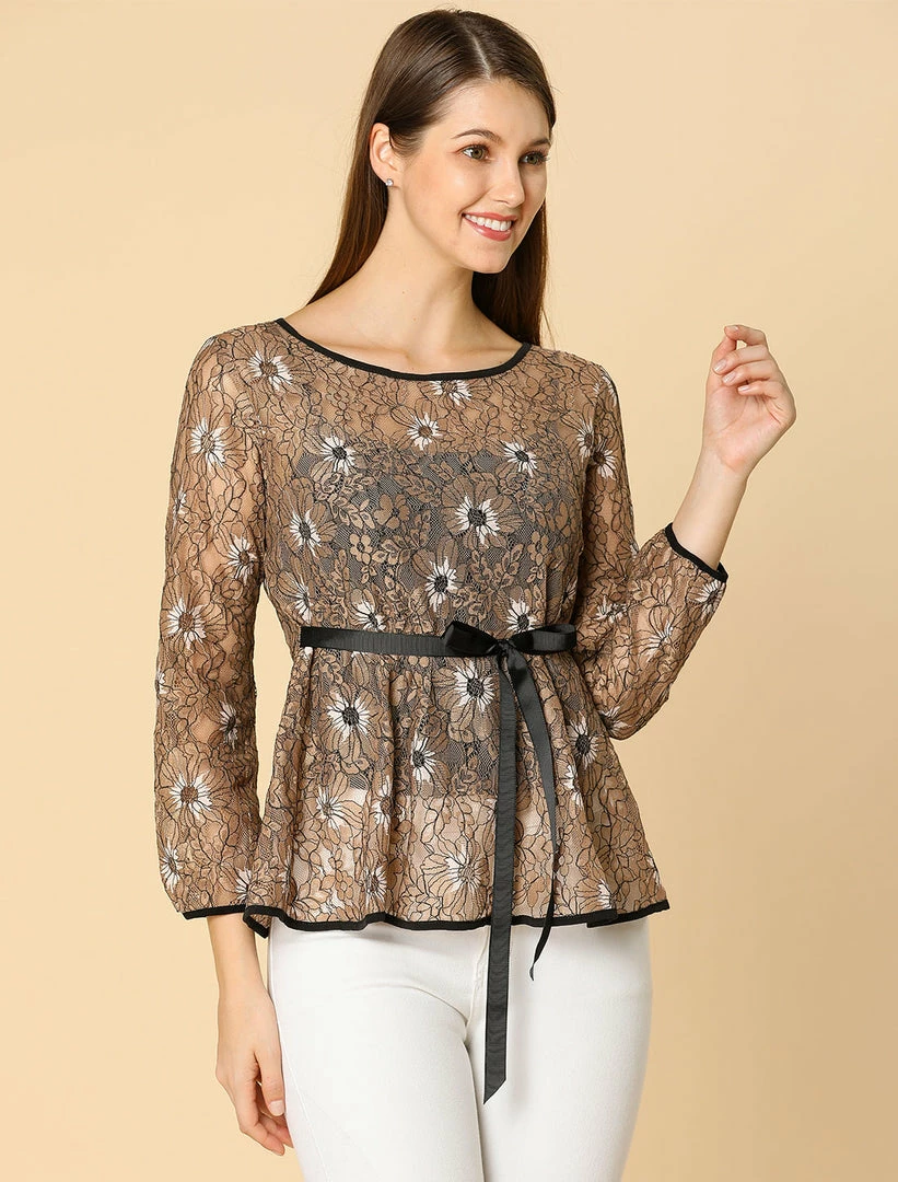 Allegra K Self-Tie Waist Bi-Color Contrast Lace Peplum Top 34 Allegra K Self-Tie Waist Bi-Color Contrast Lace Peplum Top