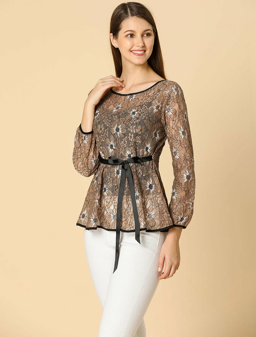 Allegra K Self-Tie Waist Bi-Color Contrast Lace Peplum Top 35 Allegra K Self-Tie Waist Bi-Color Contrast Lace Peplum Top