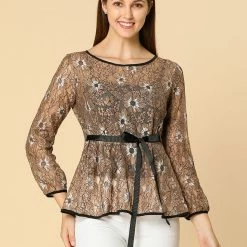 Allegra K Self-Tie Waist Bi-Color Contrast Lace Peplum Top 108 Allegra K Self-Tie Waist Bi-Color Contrast Lace Peplum Top