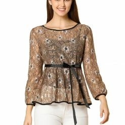 Allegra K Self-Tie Waist Bi-Color Contrast Lace Peplum Top 105 Allegra K Self-Tie Waist Bi-Color Contrast Lace Peplum Top