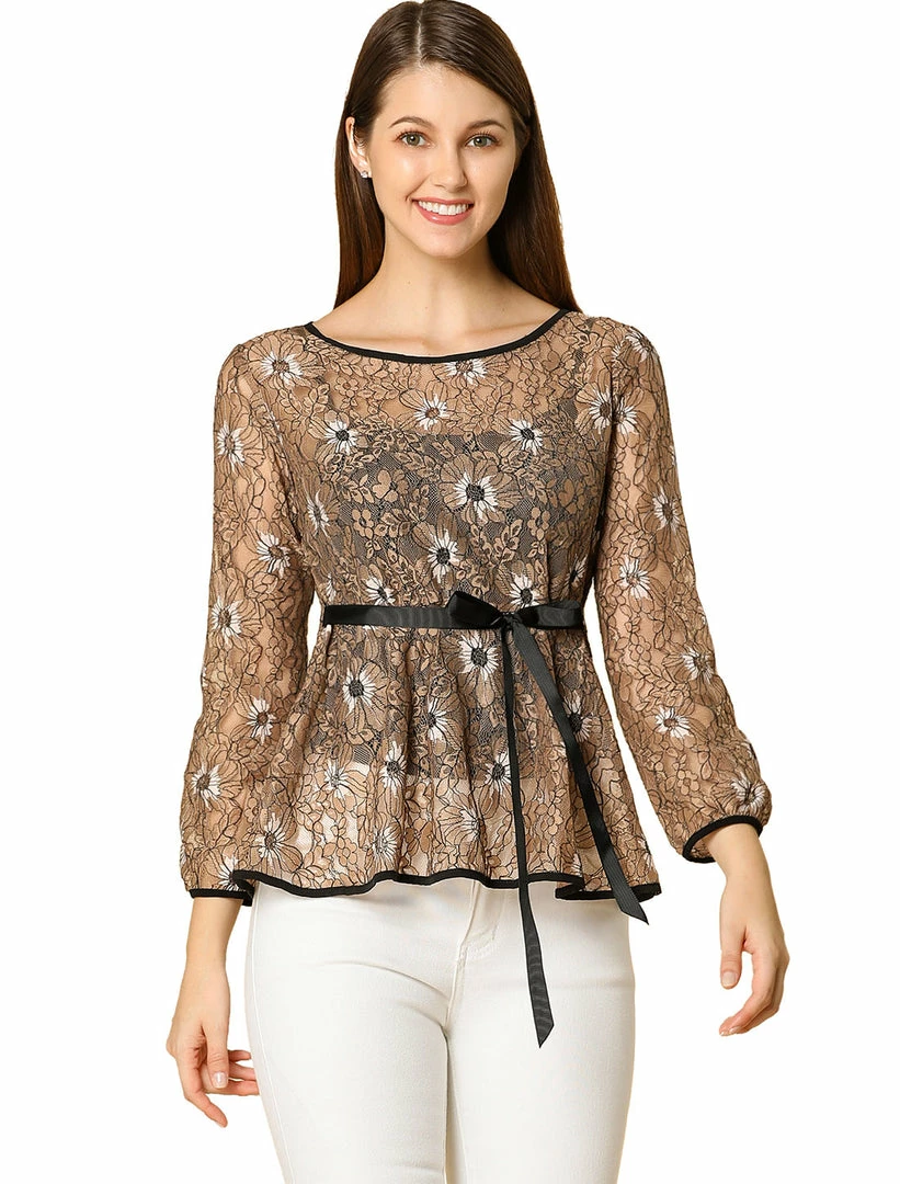 Allegra K Self-Tie Waist Bi-Color Contrast Lace Peplum Top 33 Allegra K Self-Tie Waist Bi-Color Contrast Lace Peplum Top
