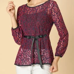 Allegra K Self-Tie Waist Bi-Color Contrast Lace Peplum Top 100 Allegra K Self-Tie Waist Bi-Color Contrast Lace Peplum Top