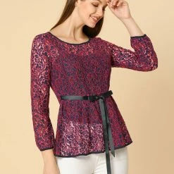 Allegra K Self-Tie Waist Bi-Color Contrast Lace Peplum Top 101 Allegra K Self-Tie Waist Bi-Color Contrast Lace Peplum Top